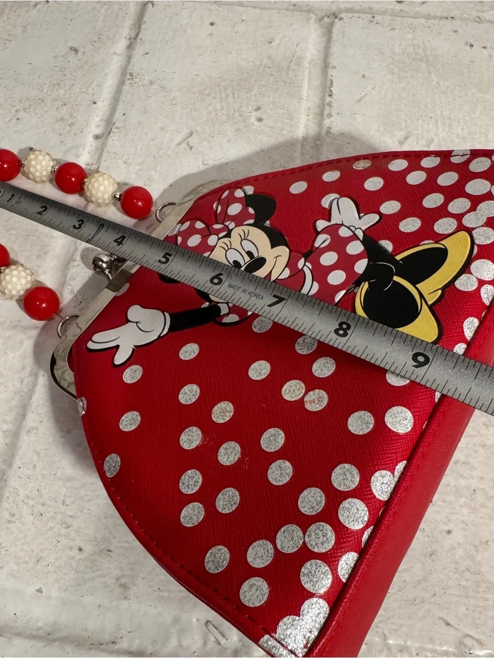 Vintage Disney Minnie Mouse Handbag Chunky Beaded Handle Red Polka Dot Bow Clasp
